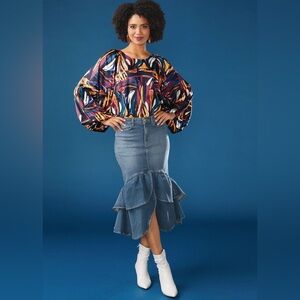 Masseys Ruffle Denim Skirt Size 6 Stretch Denim Midi Length NWT